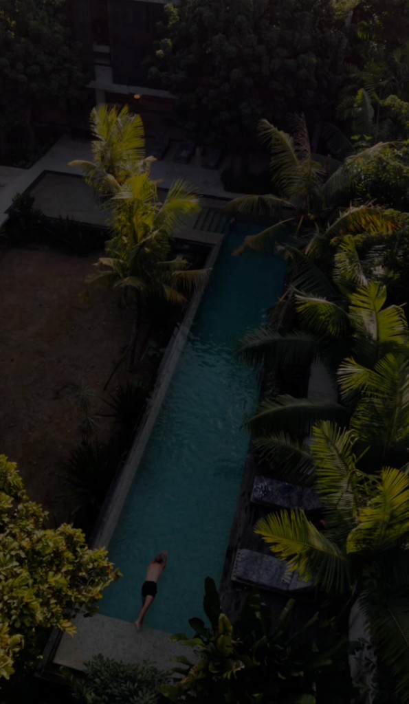 Luxury home courtyard with pool and tropical palms